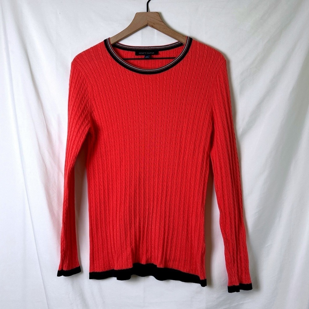 Tommy Hilfiger Womens Cable Knit Cotton Sweater Coral Pink Size L Preppy Classic